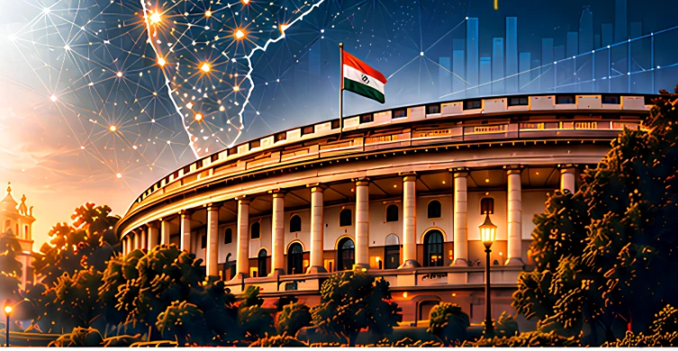 Indian Parliament with digital network lines symbolising political research and governance
